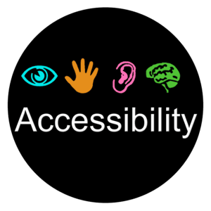 Accessibility logo. A black circle with the word "Accessibility" appearing in bold white text. Four high contrast icons appear immediately above the text: a blue eye, a yellow hand, a red ear, and a green brain.