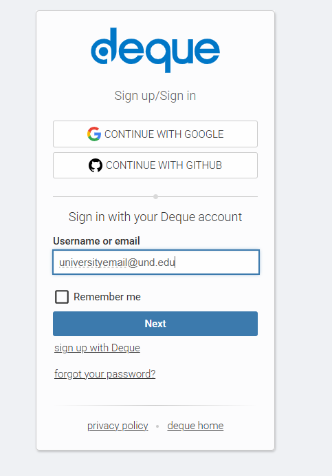 Deque University login page. The "username or email" box contains "universityemail@und.edu."