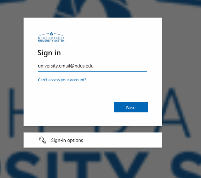 NDUS sign-in page with "university.email@ndus.edu" in the input line