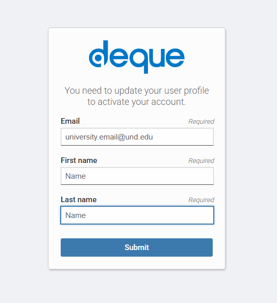 Deque University profile verification page.
