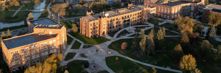 UND ariel view of campus after merrifield hall and nistler college renovations